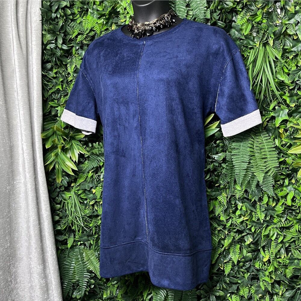 STITCHDROP Dress Women Large Blue Faux Suede A Line Short Sleeve Lagenlook 1951